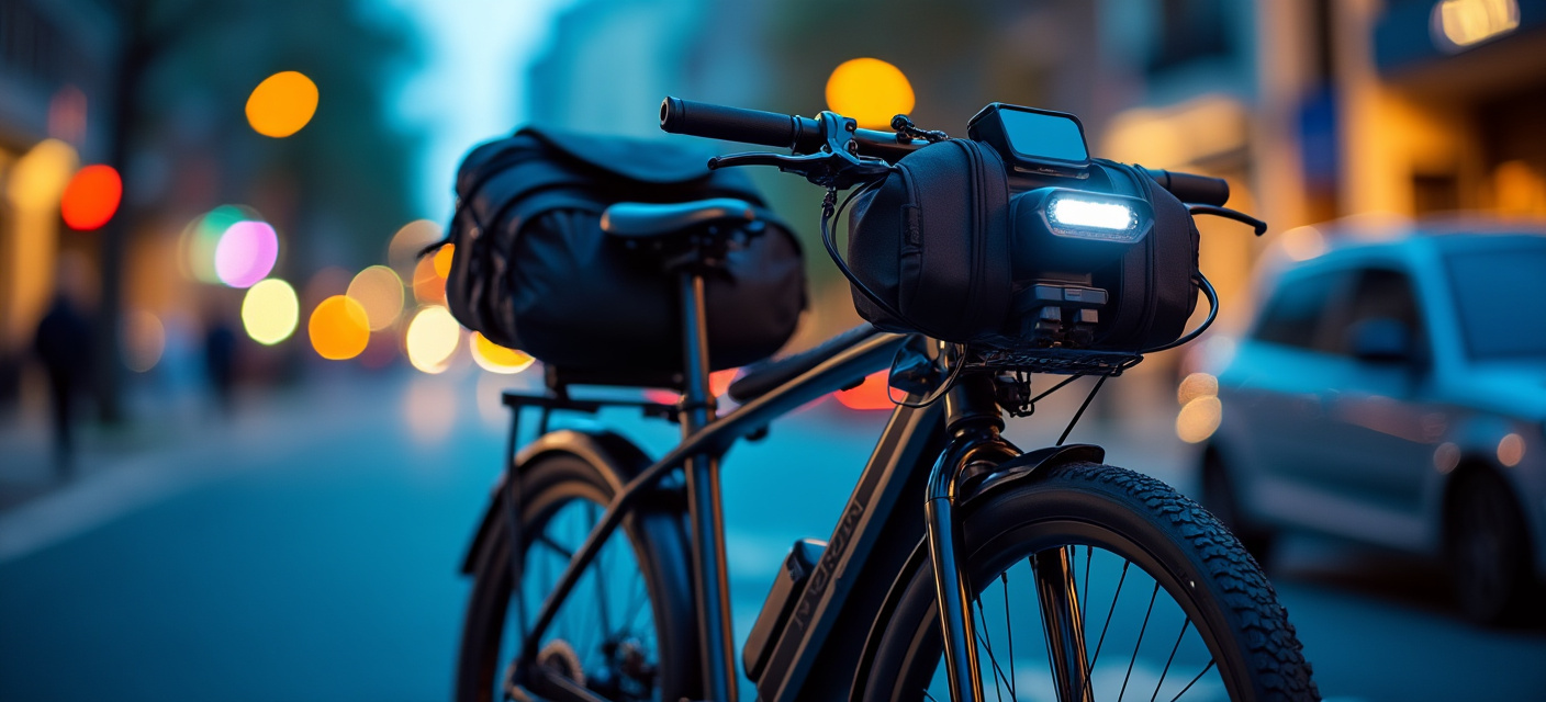 Modernes E-Bike mit Zubehör in der Stadt
